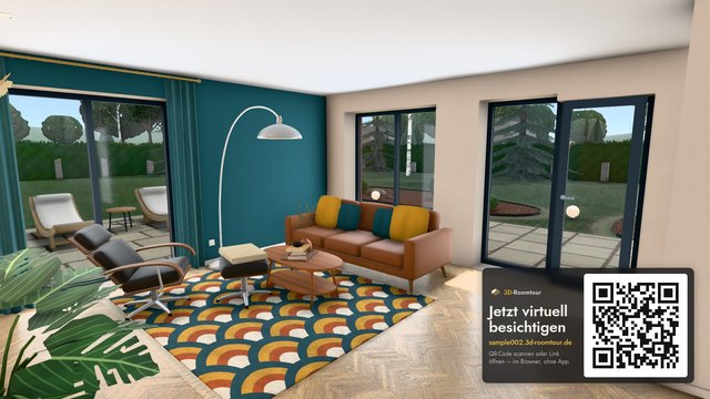 Preview image of the example tour: living room with a card showing the link and QR code to the tour