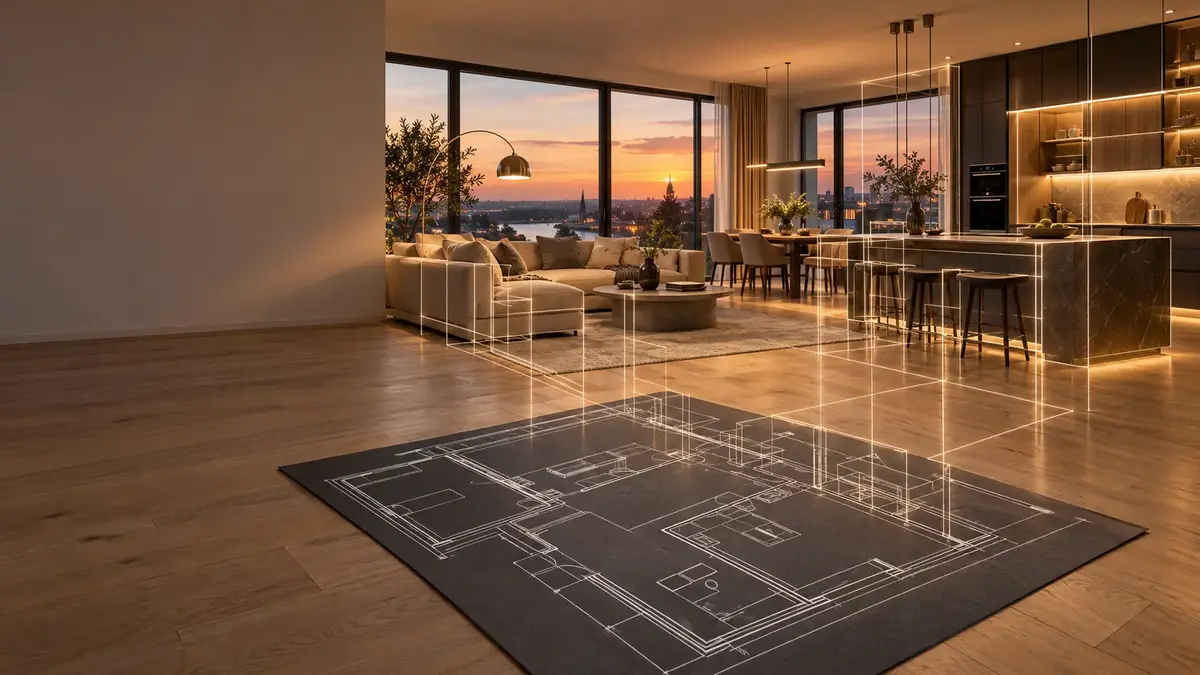 Living room in the evening; a floor plan lies on the floor and glowing lines rise from it to form walls and furniture