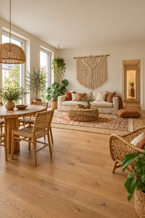 Living and dining room with rattan, patterned rugs and plenty of plants; two tall windows on the left.