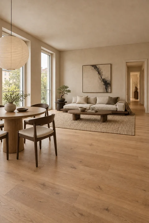 Calm living and dining room with low wooden furniture, linen and a paper lantern; two tall windows on the left.