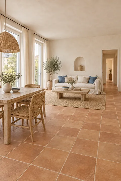 Living and dining room with warm limewash, terracotta tiles and blue accents; two tall windows on the left.