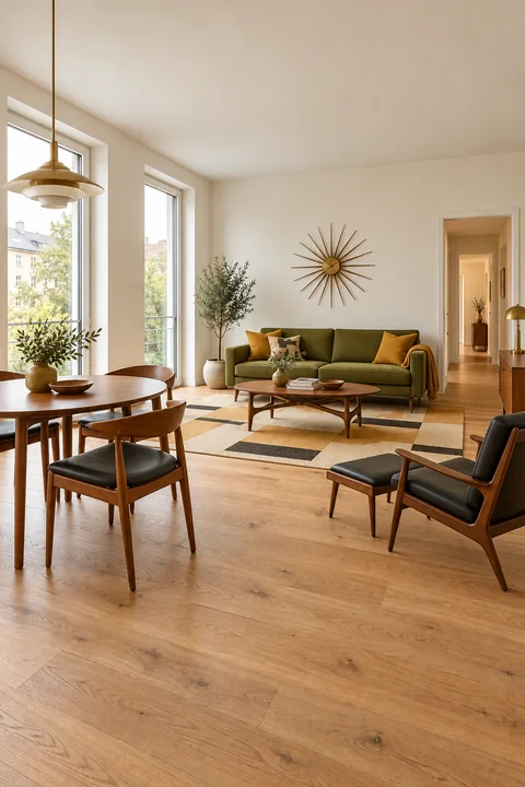 Living and dining room with teak furniture, tapered wooden legs and olive and mustard tones; two tall windows on the left.