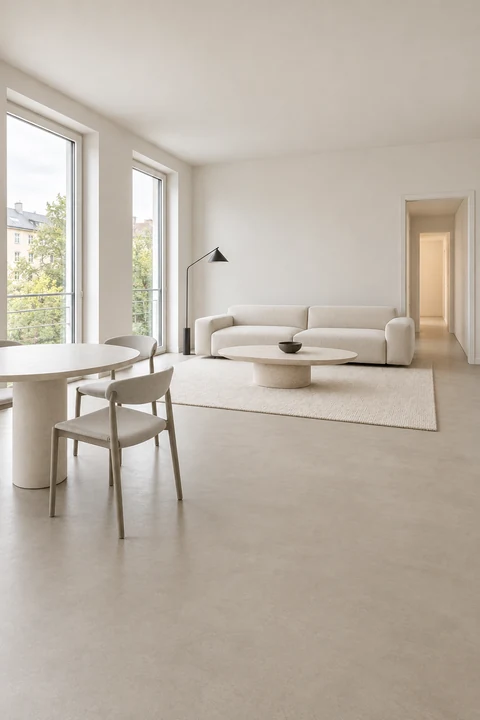 Sparsely furnished living and dining room with a low sofa, warm grey tones and plenty of open space; two tall windows on the left.