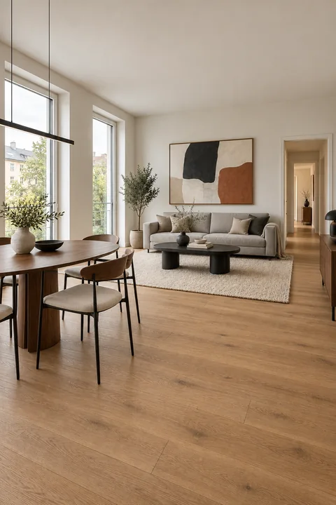 Living and dining room with a light grey sofa, walnut furniture and black accents; daylight enters through two tall windows on the left.
