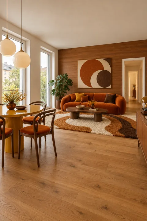 Living and dining room with a curved sofa, orange and brown tones and globe lights; two tall windows on the left.