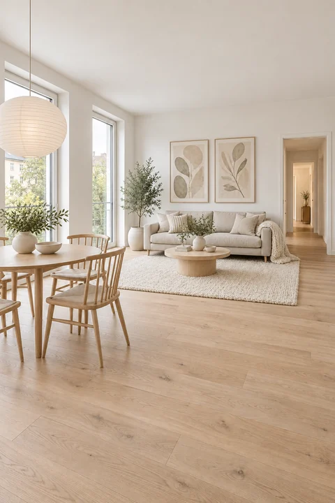 Living and dining room with a beige linen sofa, pale wood and a paper lamp; two tall windows on the left.