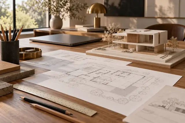 Desk in an architecture studio with floor plans, a model and a scale ruler