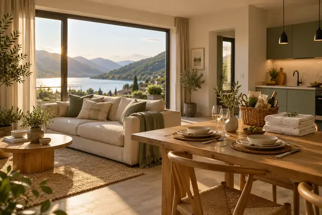 Bright holiday apartment with a sofa, a laid dining table and a view of hills and a lake