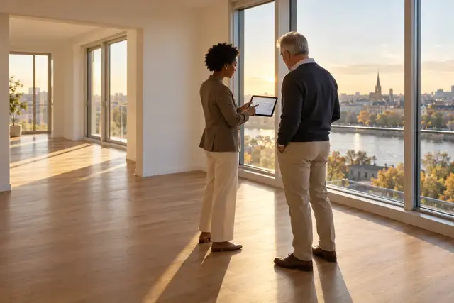 An estate agent shows a visitor something on a tablet in an empty flat