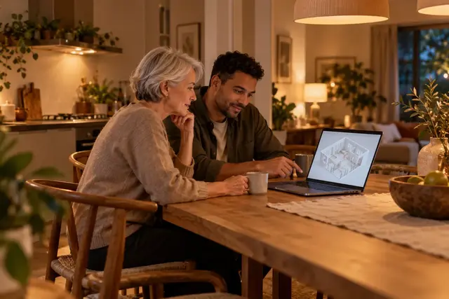 Two people at a kitchen table looking at something on a laptop together